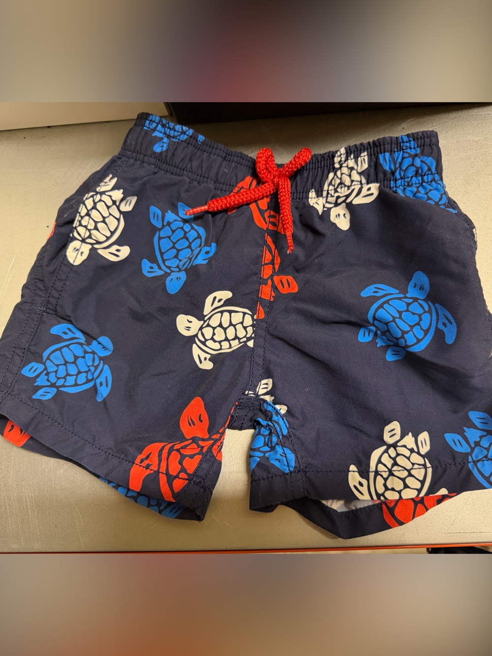Vilebrequin kids 4yrs Navy Turtle Print Swim Trunks with Red Drawstring